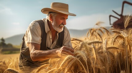Naklejka na ściany i meble Old farmer check wheat or balley organic harvest In The Sunset Light. 