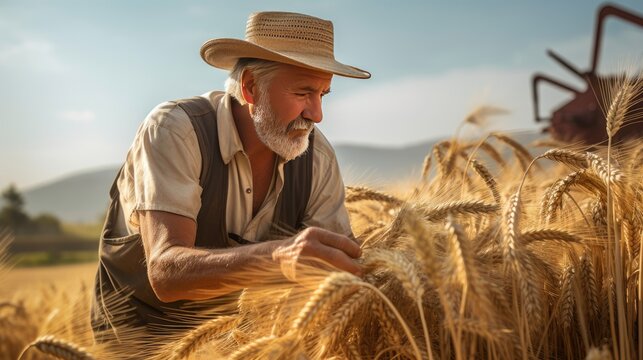 Old farmer check wheat or balley organic harvest In The Sunset Light. 