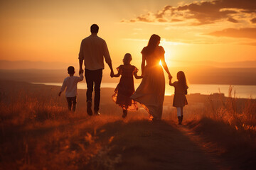 Happy large family: mother, father, children son and daughters running on nature on sunset - obrazy, fototapety, plakaty