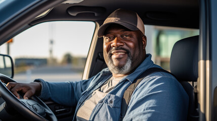 Middle - aged African - American man with a beard driving a pickup truck looking at camera