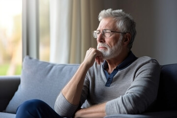 Pensive mature Caucasian grey-haired man relax on sofa in living room look in distance thinking dreaming. Thoughtful senior 70s grandfather rest on couch at home - obrazy, fototapety, plakaty