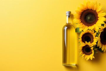 A bottle of sunflower oil and sunflower on yellow background. - obrazy, fototapety, plakaty