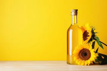 Foto auf Acrylglas A bottle of sunflower oil and sunflower on yellow background. © AI_images