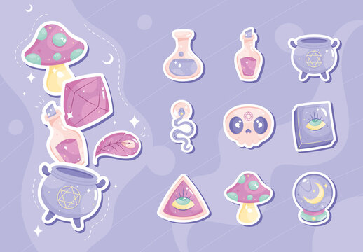 Purple and Pink Witchcraft Stickers Set Mystical Cute Design