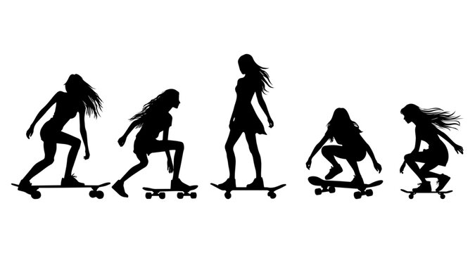 cool illustration. silhouette of a girl on a skateboard. Street sports.