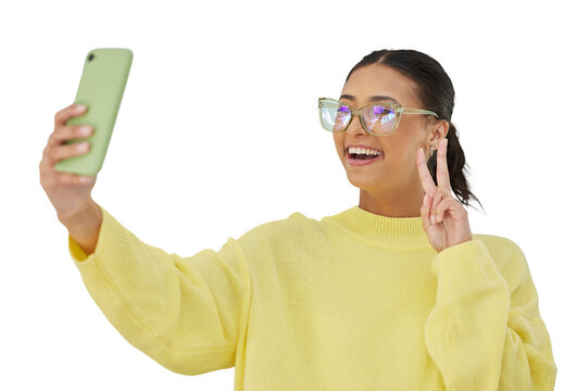 Selfie, peace sign and a woman influencer with emoji hand gesture isolated on a transparent background.. Gen z, social media and happy young person or content creator posting a profile picture on PNG