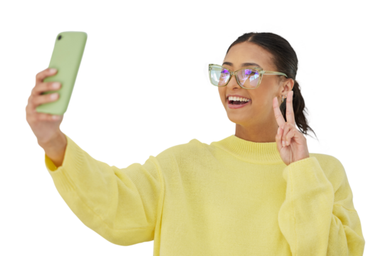 Selfie, peace sign and a woman influencer with emoji hand gesture isolated on a transparent background.. Gen z, social media and happy young person or content creator posting a profile picture on PNG
