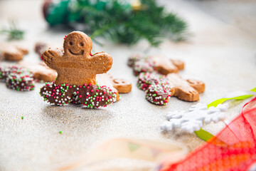 gingerbread man christmas cookie christmas sweet dessert holiday baking treat new year and celebration meal food snack on the table copy space food background