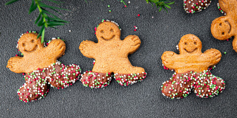 gingerbread man christmas cookie christmas sweet dessert holiday baking treat new year and celebration meal food snack on the table copy space food background