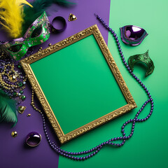 Mardi gras accessories flat lay on bright green background, top view, copy space. frame with...