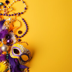 Mardi gras accessories flat lay on bright yellow background, top view, copy space. frame with...