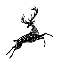 Black jumping Reindeer Deer Stag stencil drawing with antlers horns.Merry Christmas Silhouette.Happy New Year.Winter decoration.Gift greeting card.Plotter Laser cutting.Holidays decor. DIY cut