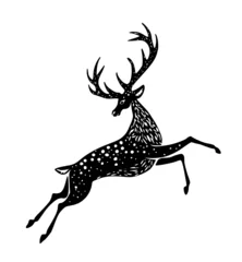 Foto op Plexiglas Black jumping Reindeer Deer Stag stencil drawing with antlers horns.Merry Christmas Silhouette.Happy New Year.Winter decoration.Gift greeting card.Plotter Laser cutting.Holidays decor. DIY cut © Polina Raulina