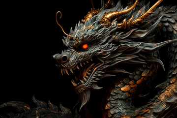 A fantasy dragon on a black background. Symbol of 2024. Generative AI