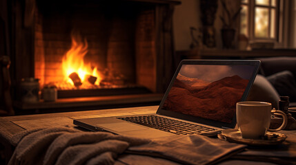 暖炉とパソコンの背景画像