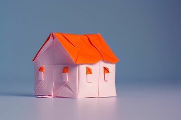 Miniature origami paper house with an orange roof against a blue background