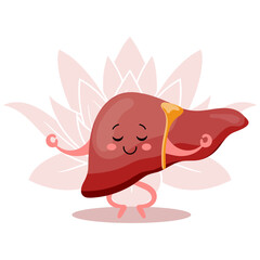 Cute cheerful cartoon character of healthy human liver in yoga pose. Human anatomy, medical concept. Illustration, icon, vector
