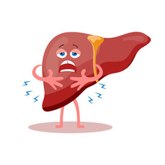 Cute cartoon character crying unhealthy human liver. Human anatomy, medical concept. Illustration, icon, vector