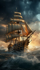 a large boat with a dark sky, in the style of dynamic and action-packed scenes,
