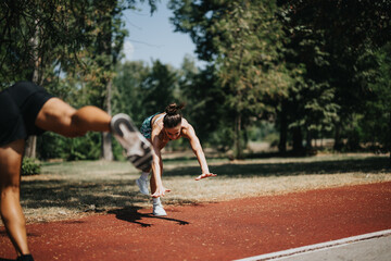 Young athletic couple in a sunny park, demonstrating their vitality with cartwheels. Sportswear accentuates fit bodies, motivating others to exercise outdoors for positive results.