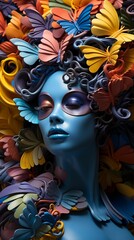 Fototapeta na wymiar AI generated illustration of a beautiful blue-skinned woman in vibrant flowers