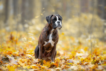 Brindle Boxer sitting in the autumn forest, around yellow maple leaves, orange and red colors of nature, blurry background 