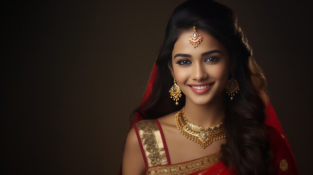 Portrait of a beautiful Indian young girl in saree and jewelry smiling