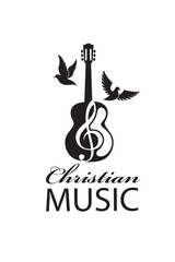 christian music emblem with guitar isolated on white background