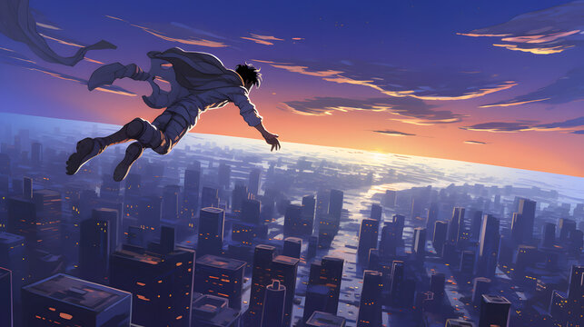 superboy flying in the sky over the big city at night, digital art style, illustration painting