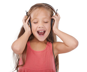 Happy child, headphones and singing to podcast for entertainment isolated on a transparent PNG...