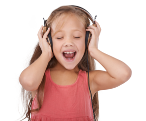 Happy child, headphones and singing to podcast for entertainment isolated on a transparent PNG background. Female person, young girl or little kid smile listening to audio streaming, music or sound