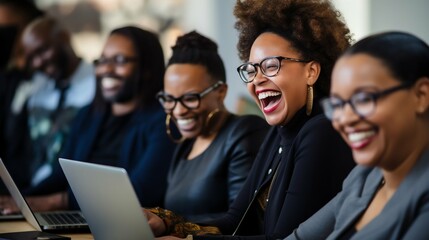 Empowerment Through Learning: Seminar with Happy Black Adults on Laptops. Generative ai