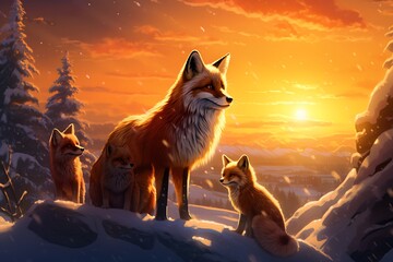 Winter's Delight: A Family of Foxes in a Snow-Covered Countryside