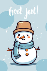 Cheerful Scandinavian Christmas card with cute smiling snowman. God Jul lettering means Merry Christmas in Swedish, Danish, Norwegian, Icelandic. Colorful Nordic winter holiday vector illustration