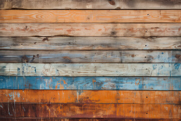 Faded paint on discolored wooden planks, horizontal slats, exterior surface material texture