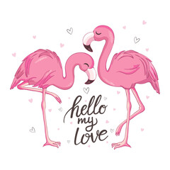 Obraz premium Love Flamingos. Hand drawn vector illustration of two flamingos kissing with necks in the shape of a heart.