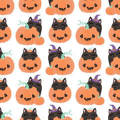 Spooky halloween kittens faces, horror animals and cute witchcraft cats seamless vector illustration. Halloween seamless cats wallpaper