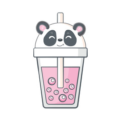 Cute Panda Drinking Coffee Time card. Charming panda drinks coffee. Vector greeting card with cute animal.