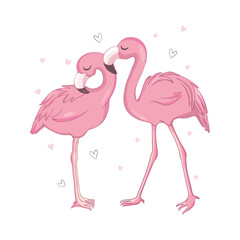 Love Flamingos. Hand drawn vector illustration of two flamingos kissing with necks in the shape of a heart.