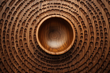 Wooden texture with carved and burned designed, circular thrown bowl of concentric designs, surface material