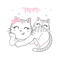 Vector illustration of mother cat with pair of cute little twins kittens, hand drawn greeting card with lettering happy mother's day