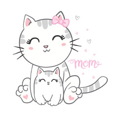 Vector illustration of mother cat with pair of cute little twins kittens, hand drawn greeting card with lettering happy mother's day