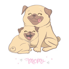 Happy Mother's day Pug Mom , Dogs mom and baby , Cute animals for Mother's Day. Cute collection of animals with hearts. Valentine's day concept. Vector illustration of cute animals isolated cartoon