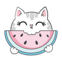 Cute Cat Cartoon Drawing with Fruit Watermelon Summer Banner Background
