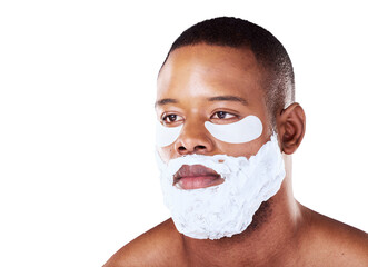 Skincare, black man and shaving cream with cosmetics, dermatology and wellness isolated on a...