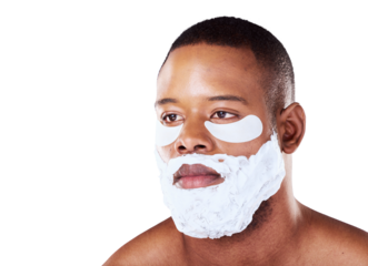 Skincare, black man and shaving cream with cosmetics, dermatology and wellness isolated on a transparent background. African person, guy and model with eye patches, facial and grooming with png