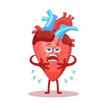 Cute cartoon crying unhealthy human heart character. Human anatomy, medical concept. Illustration, icon, vector