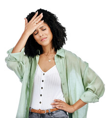 Face palm, stress and woman in studio with mistake, oops or regret on isolated, transparent or png...