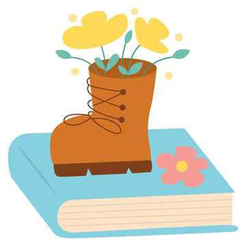 Libro azul con flor rosa y bota caf&eacute; con flores amarillas