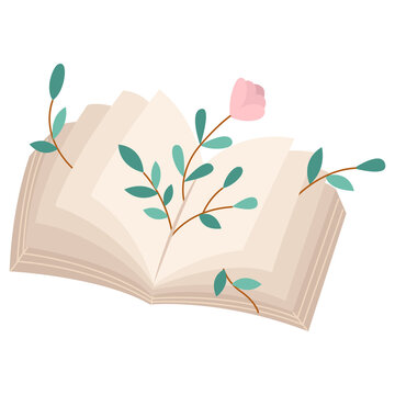 Libro antiguo abierto con flores entre las hojas